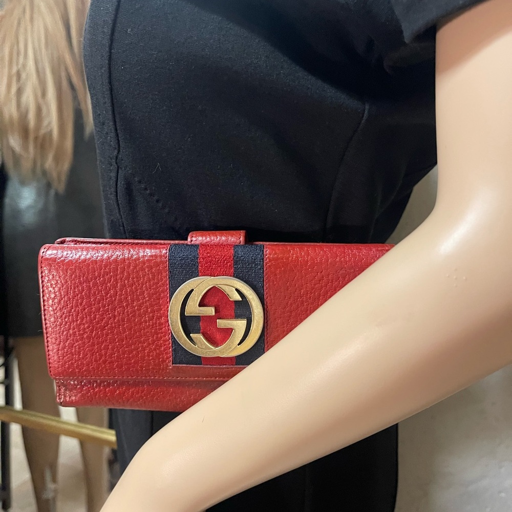 Gucci Red Leather Web GG Interlocking Ophidia Continental Wallet Vintage Rare